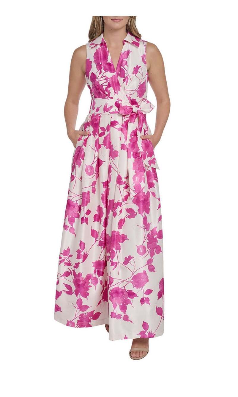 Jessica Howard Women's Sleeveless Floral Wrap Maxi Dress with Belt, Size 14
